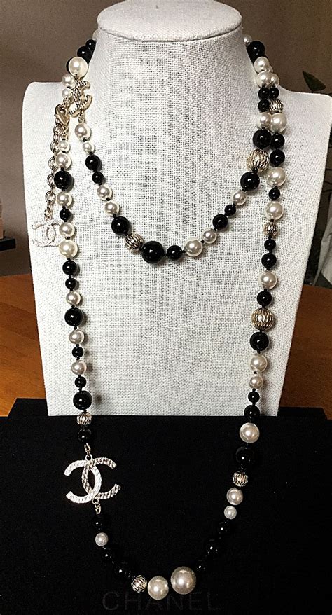 coco chanel black and white necklace|long chanel necklace with pearls.